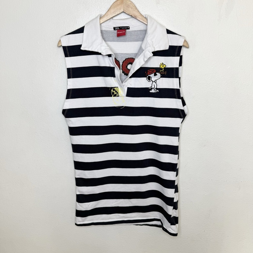 Zara Peanuts Snoopy Charlie Brown Shirt Dress Women's Small Striped Collared
